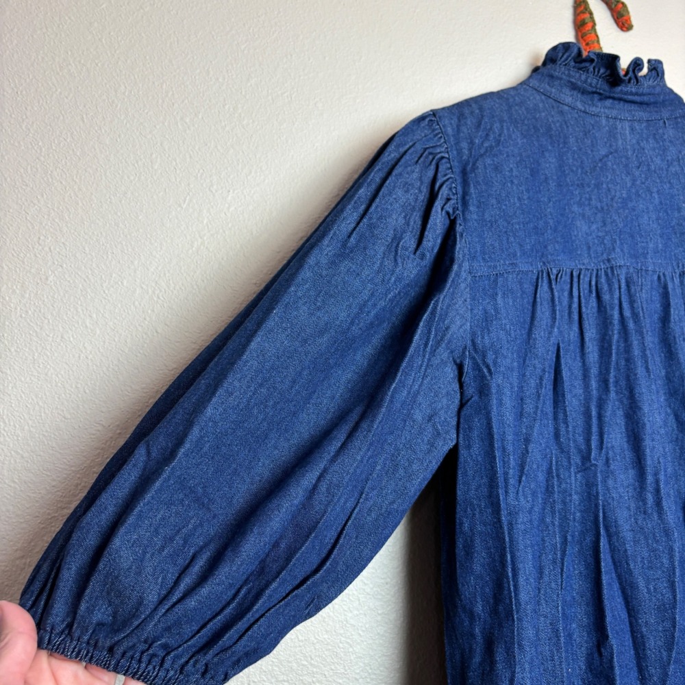 Vintage 90s Denim Maxi Dress Embroidered Kachina Blue Large Prairie Cottage Boho - Picture 15 of 16
